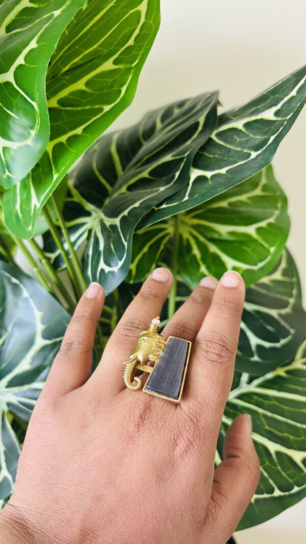 Brass Elephant Charm Statement Ring - Image 4